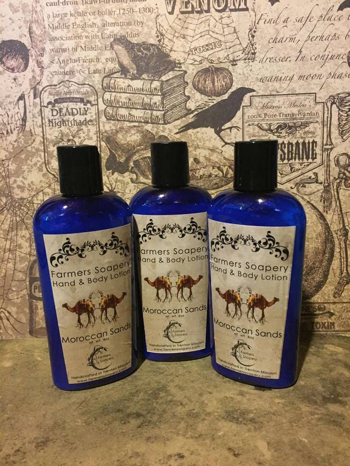 Lotion pour les mains et le corps Moroccan Sands Santal Musc 4oz pour la vente par Farmers Soapery