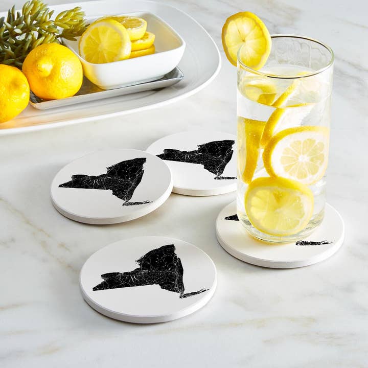 Love Local - Wholesale Coasters - Minimalistic B&W New York State With Map | Absorbent Coasters | Set of 4 | Min 21