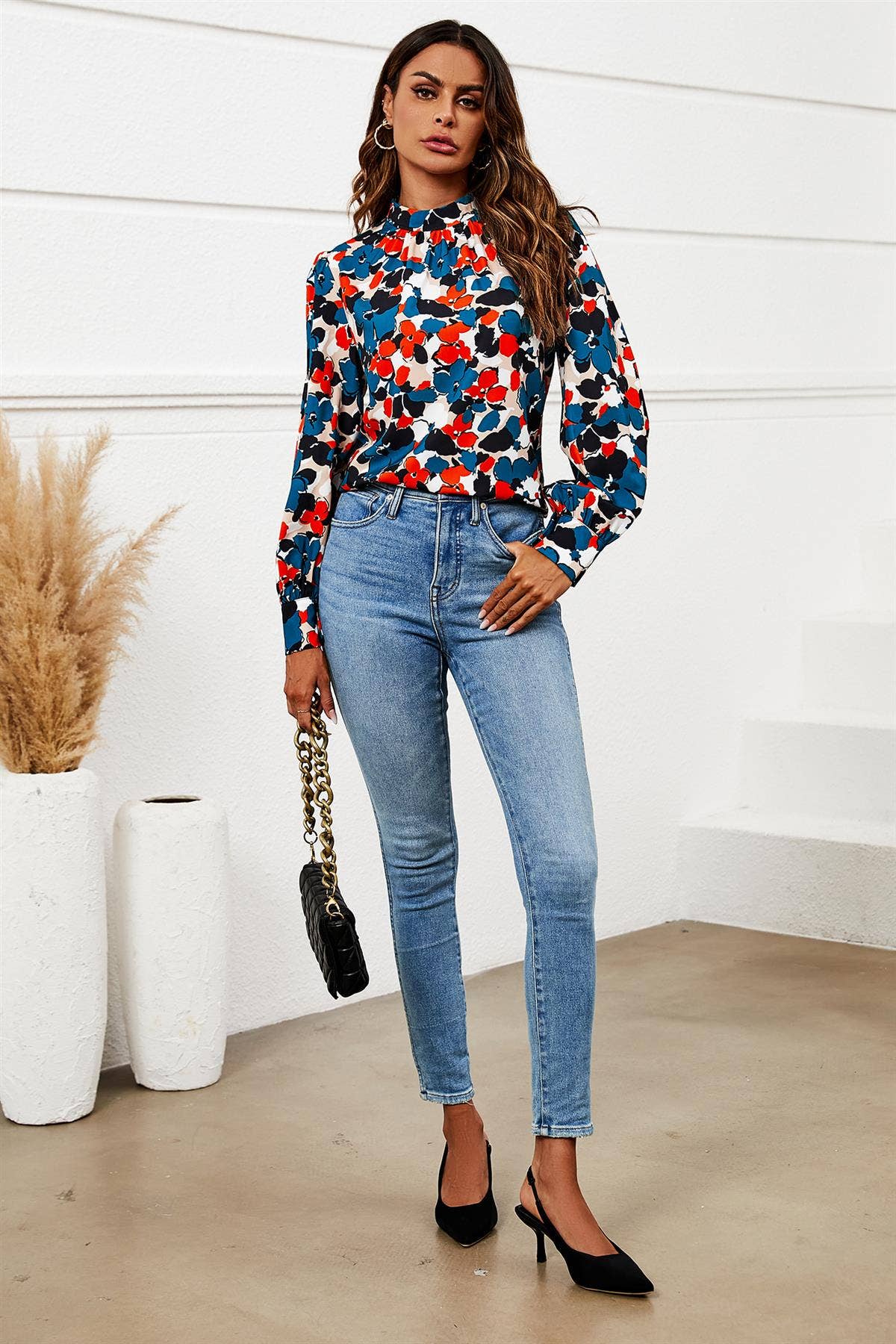 Floral Print Long Sleeve High Neck Top In Blue for wholesale on Faire3