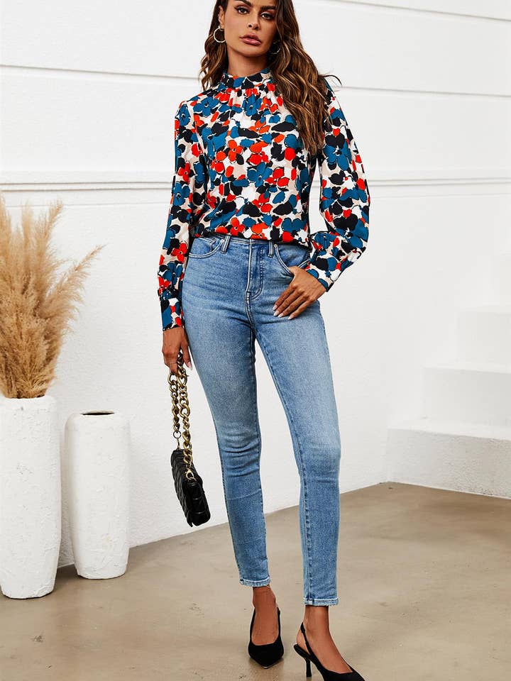 Floral Print Long Sleeve High Neck Top In Blue for wholesale on Faire3