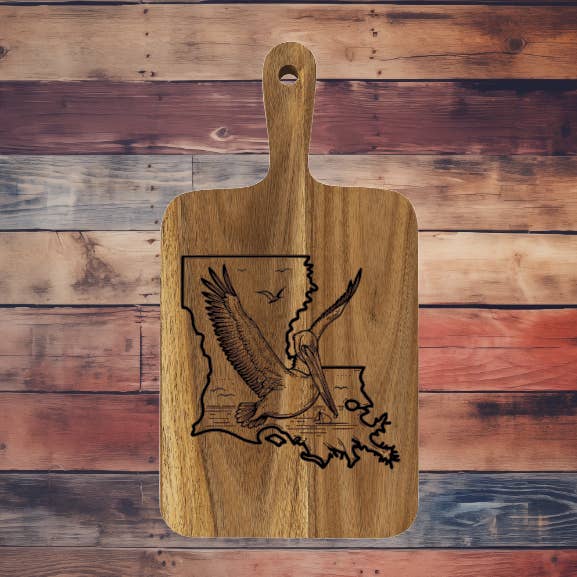 Louisiana Pelican Acacia Wood Cutting Board for wholesale by Prairie Chicken Sticker Shop & Gifts