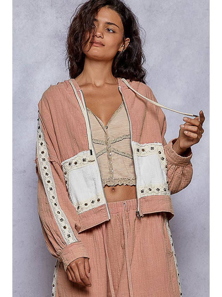 Pol Clothing - Wholesale Hoodie – Women's - Vintage Washing Double Gauze Stud Detail Hoodie Jacket SALE38