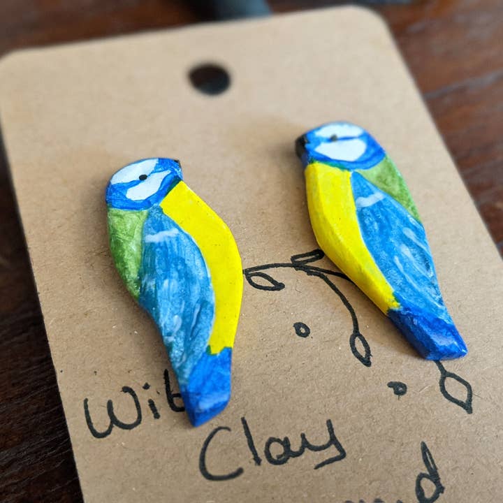 CLOSEOUT Blue tit bird clay stud earrings for wholesale by With Clay & Paint