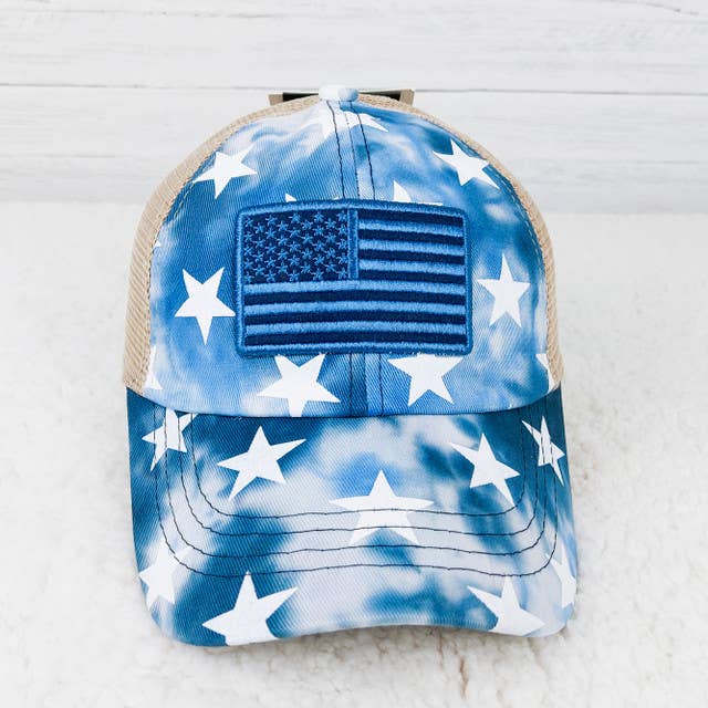 Trendy Tee Co. - Wholesale Ponytail Cap - Women's - Tie Dye Star Print with USA Flag Patch Ball Cap
