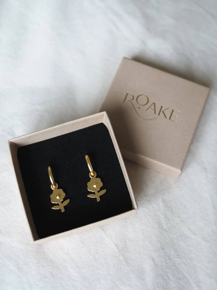 Pansy Flower Gold Charm Earrings for wholesale by Roake Studio