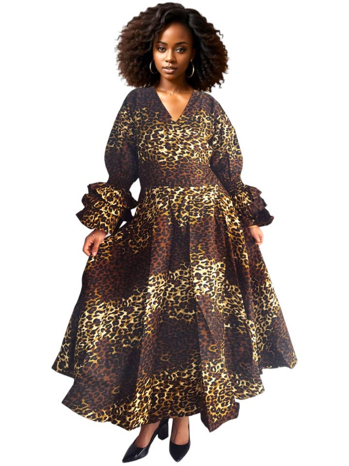 70-Kvinde Lang Trykt Wrap Kjole - Brun Dyr for engroshandel hos India Batik