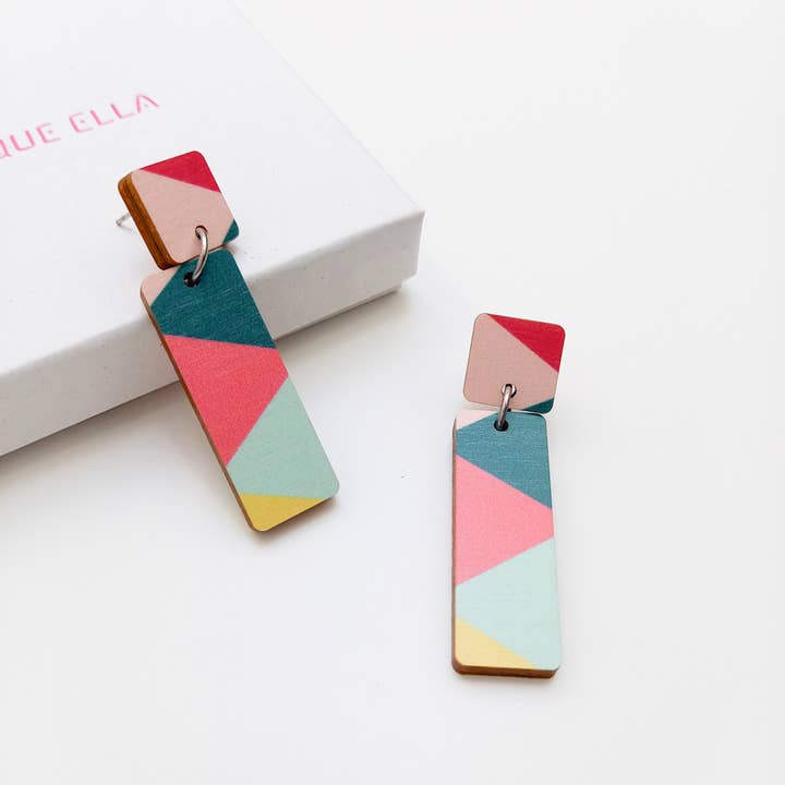 Treat Multicolour Wooden Dangle Earrings Green/Pink for wholesale by Unique Ella