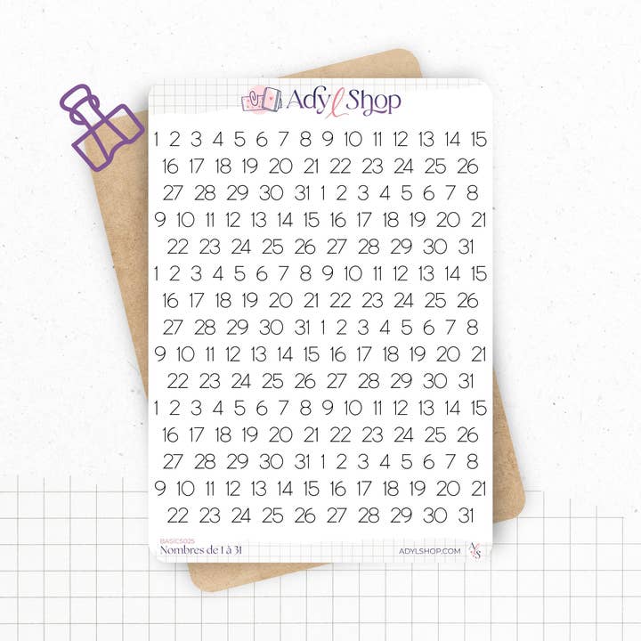 Autocolantes com números de 1 a 31 - 6 séries de 31 autocolantes por atacado de AdyLShop