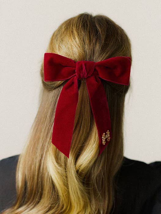 Personlig sammet hår rosett, röd sammet båge med initialer för wholesale av Flowers for Lola