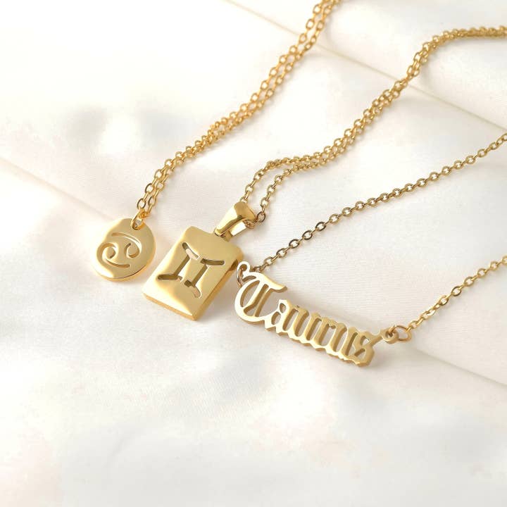 Gold Zodiac Necklace - Coin Tag and Zodiac Word Necklace for wholesale by Blueyejewelry