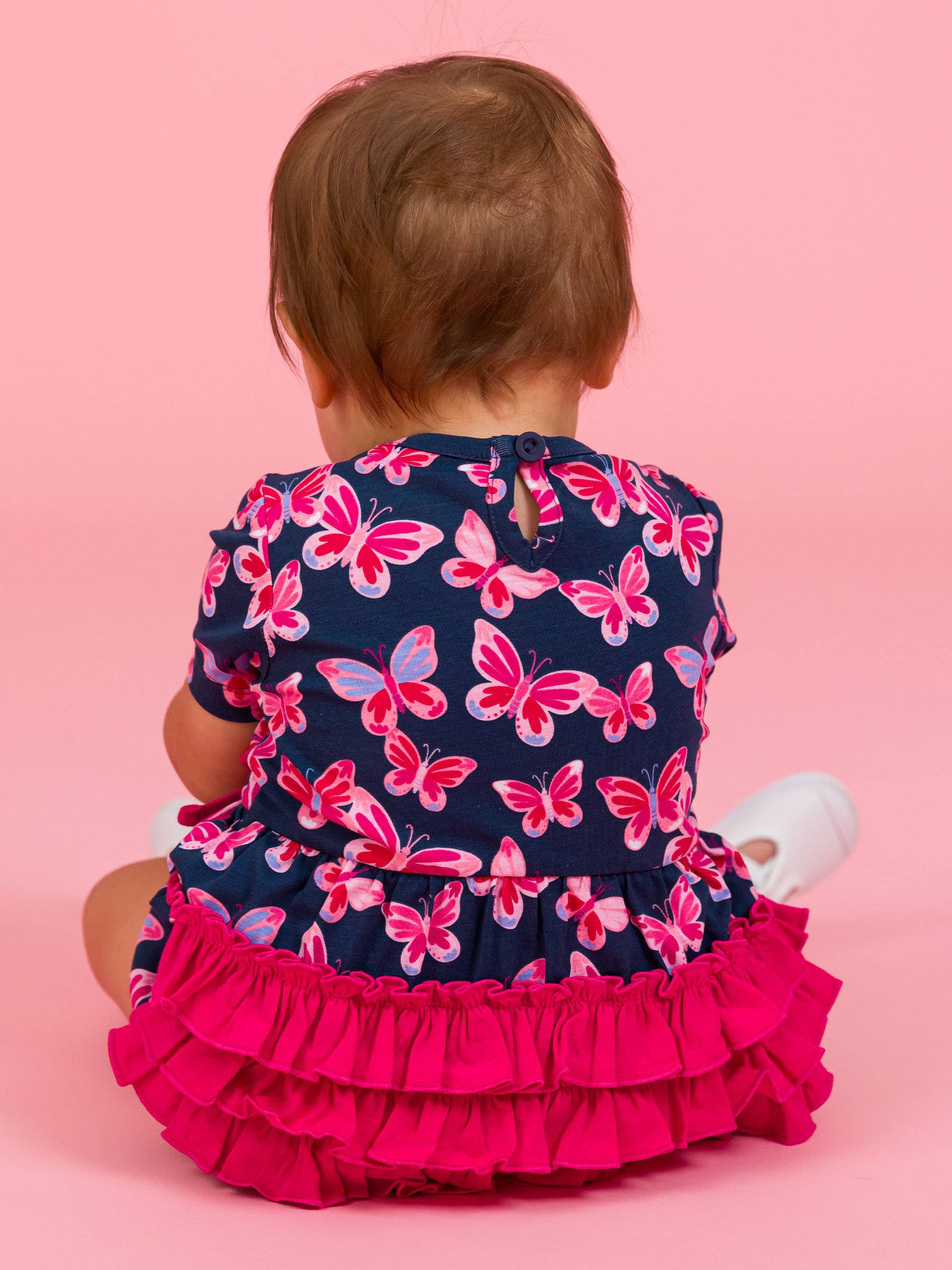 Navy Baby Girls Butterfly Bliss Knit Short Sleeve Bow Bubble Romper for wholesale on Faire5