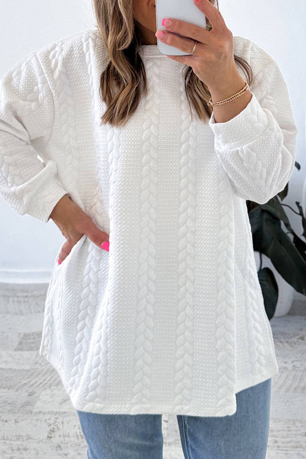 White Cable Textured Loose Plus Size Sweatshirt for wholesale on Faire