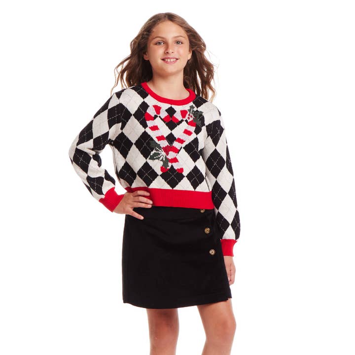 Kids White Argyle Sweater | Candy Canes Holiday Christmas for wholesale on Faire