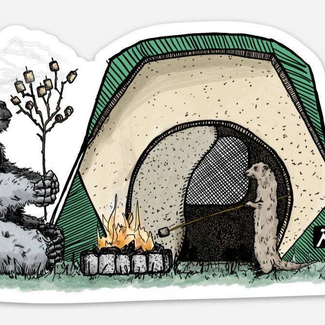 Ilustración de pegatina de vinilo para acampar con gorila y nutria para venta al por mayor de Bellavance Ink
