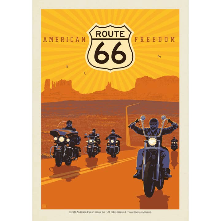 Route 66 American Freedom Postcard for wholesale by Tourist Courts