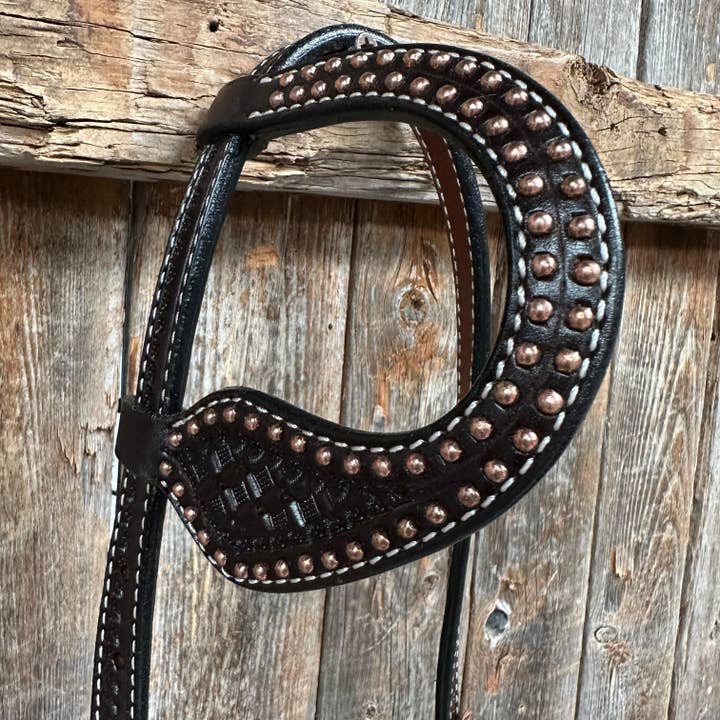 Rodeo Drive - Wholesale Horseback Riding Gear - Dark Oil Honeycomb Tooled with Copper Dots One Ear Headstall / Bridle1
