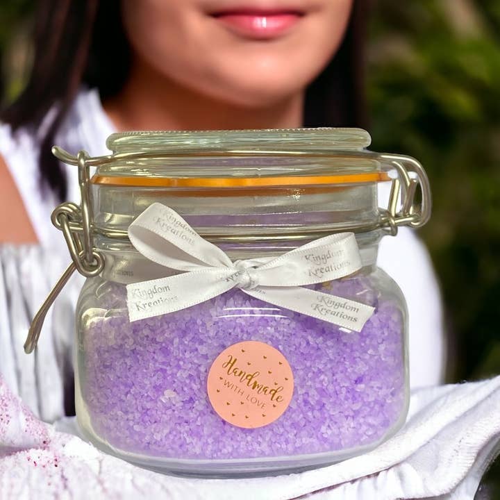 Lavender - Natural Bath Sea Salts In A Glass Jar (500g) for wholesale by Kingdom Kreations