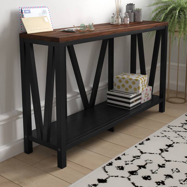 Black Console Table with Walnut Finish Top for wholesale by Flash Furniture