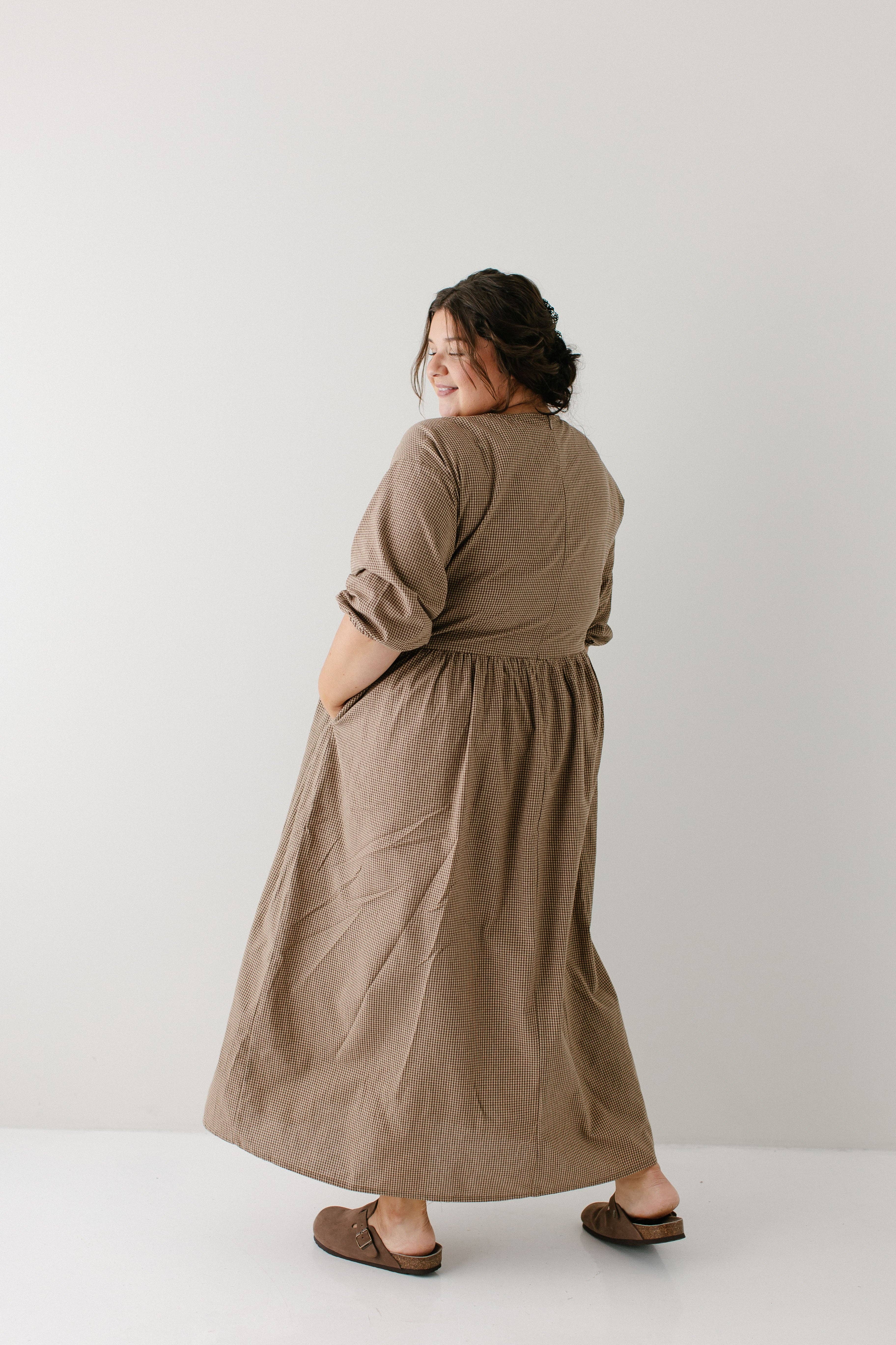 Brown 'Beth' Cotton Gingham Maxi Dress for wholesale on Faire11