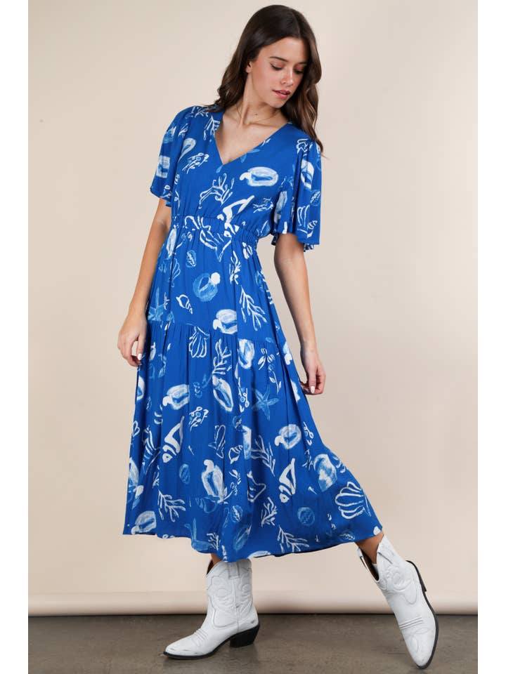 VERY J - Wholesale Dress - Women's - ND31625-Printed V-Neck Resort Midi Dress
