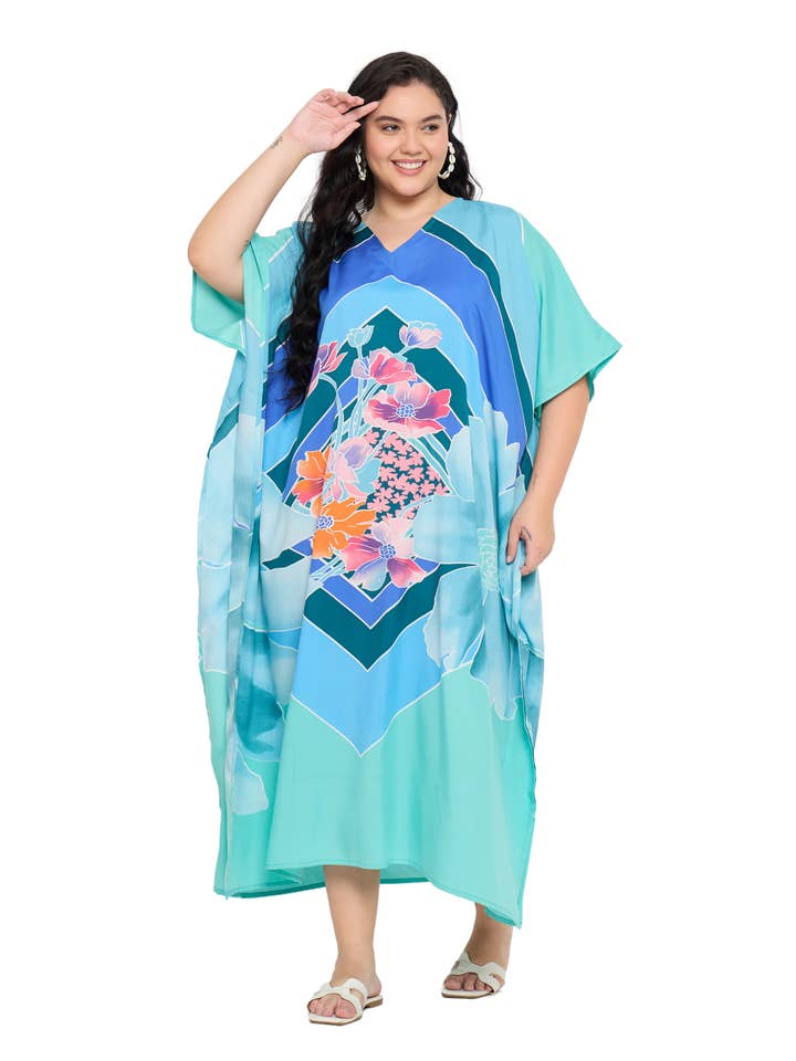 Floral Turquoise Women Plus Size Loungewear Kaftan for wholesale by GYPSIE BLU