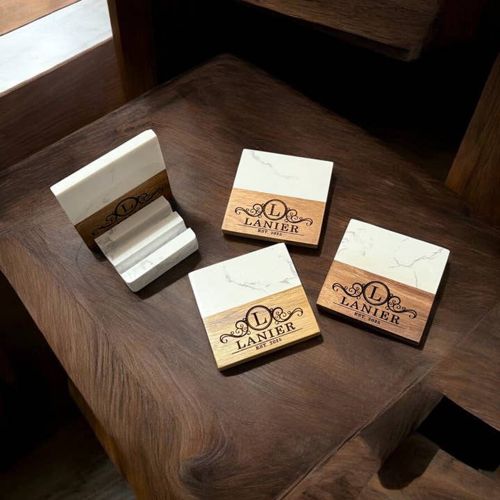 Engraved Wood & Marble Coaster Set for wholesale by Carolina Sun at Dawn