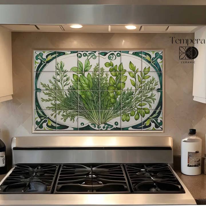 Paraspruzzi con piastrelle di erbe, piastrelle da cucina personalizzate in stile Art Nouveau per la vendita all'ingrosso da parte di Tempera Art