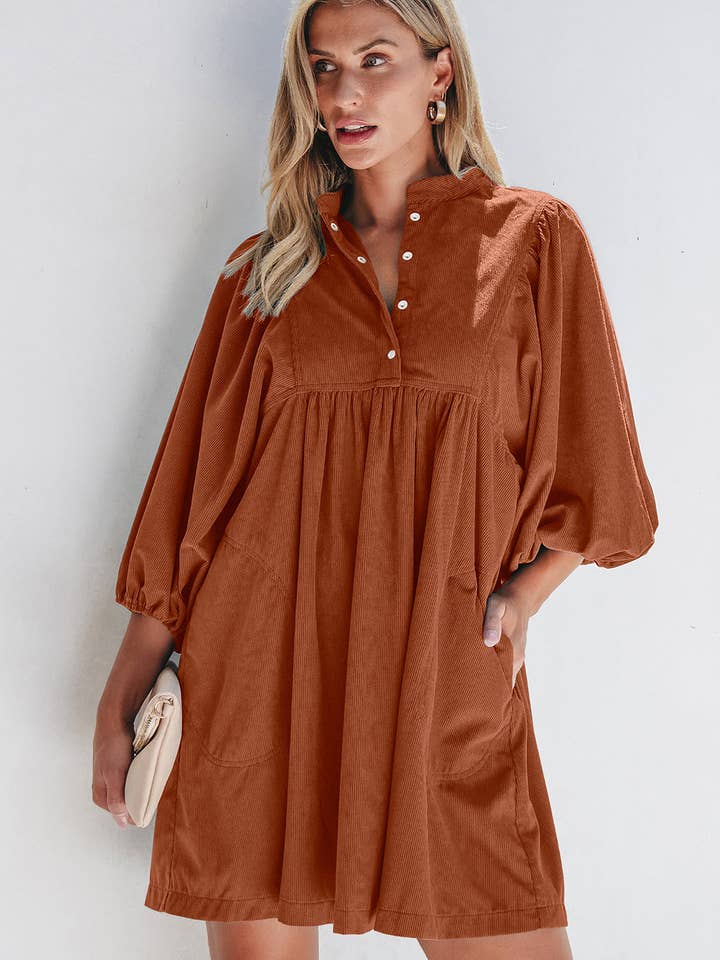 Gold Flame Corduroy Empire Waist Bracelet Sleeve Dress for wholesale on Faire1