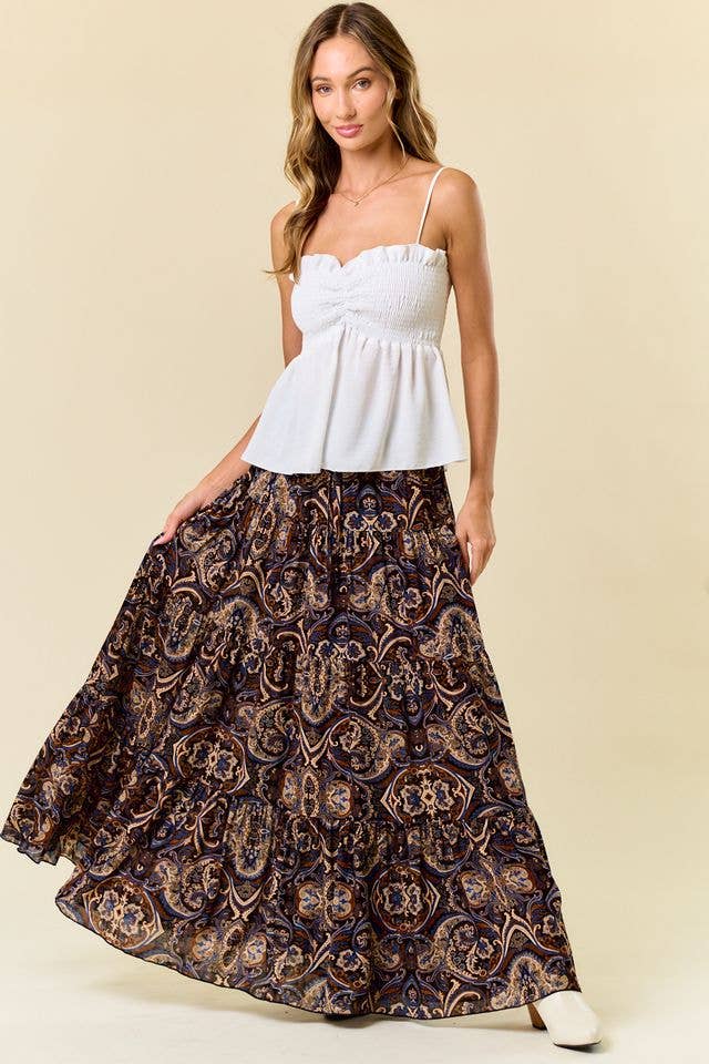 Saints & Hearts - Wholesale Skirt - Women's - SS1147O BLACK/TAUPE PAISLEY PRINT TIERED MAXI SKIRT