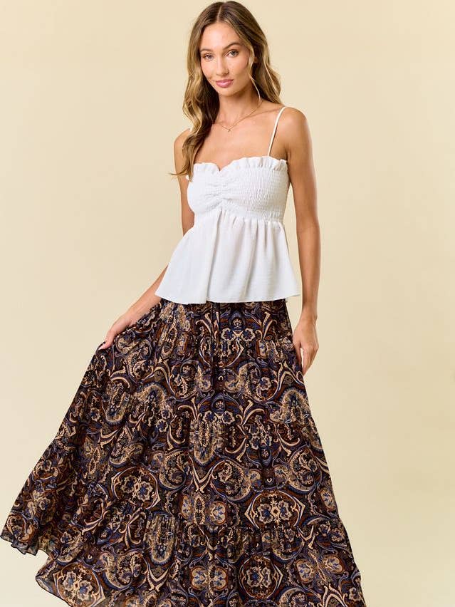 SS1147O BLACK/TAUPE PAISLEY PRINT TIERED MAXI SKIRT for wholesale by Saints & Hearts