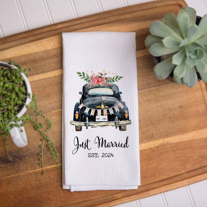Just Married Wedding Towel 2025 2026 Decor Bridal for wholesale by Canary Road