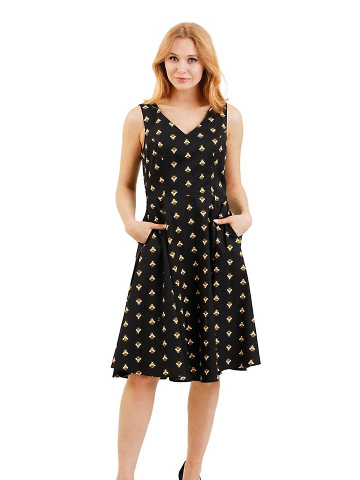 Eva Rose Clothing - Wholesale Dress - Women's - Fit & Flare Bee Print Black Dress, V-Neck in Front & Back