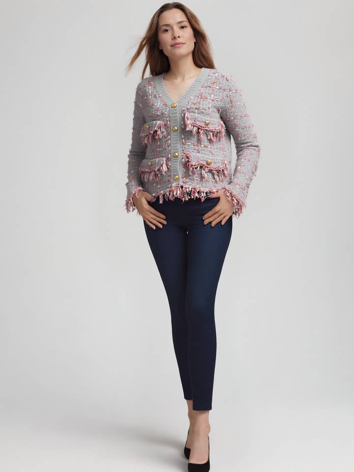 Sweater knit Tweed Jacket (Grey.pink) for wholesale by Ellyndale