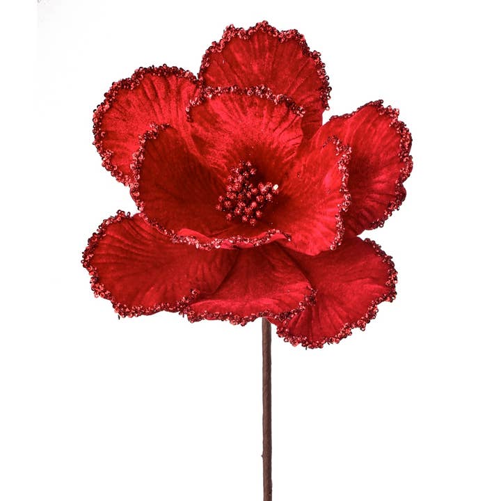 Velvet Glitter Edge Magnolia 24″ Stem – Red for wholesale by CMC Wholesale