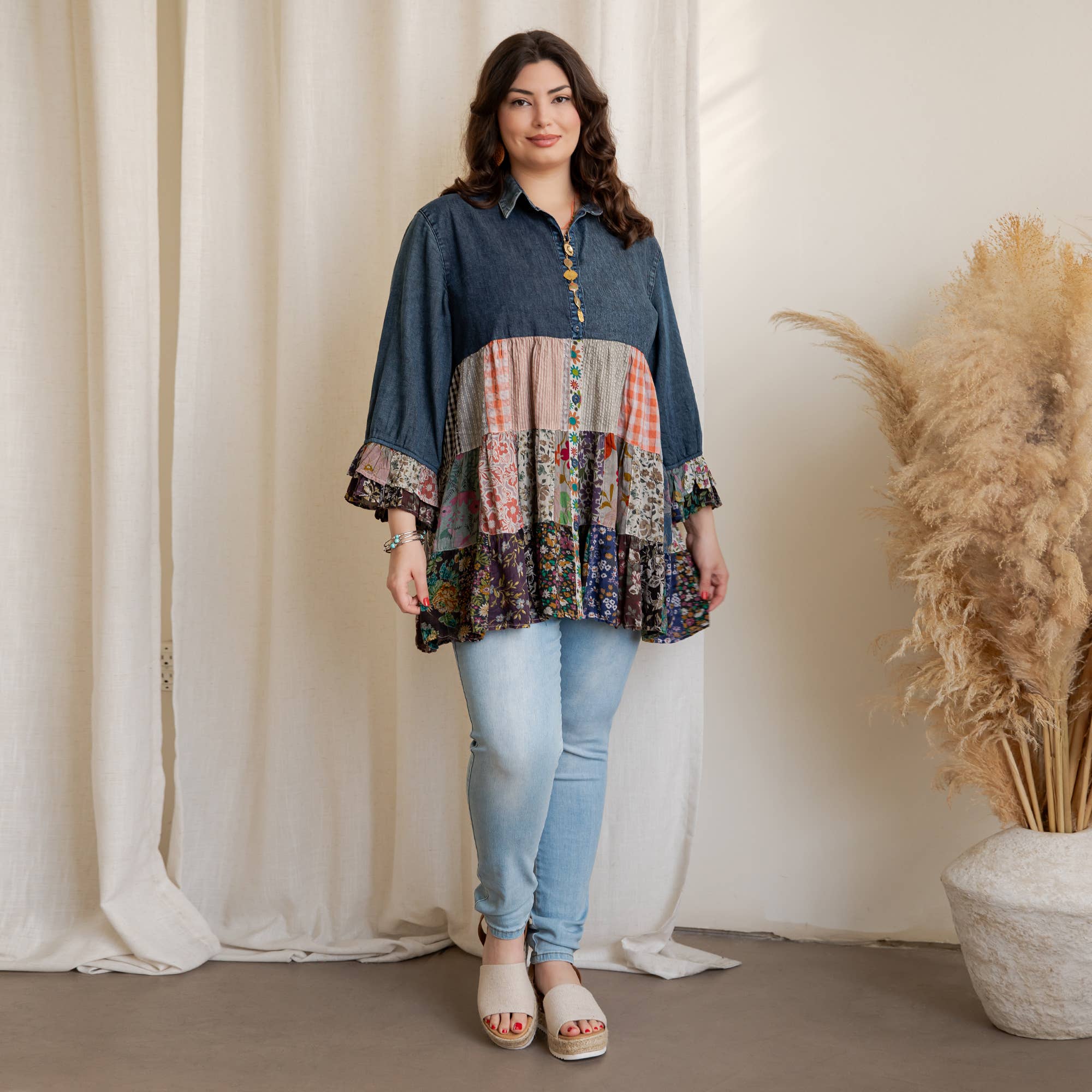 Young Threads - Wholesale Blouse - Women's - Western Denim Yoke Patchwork Tiered Tunic Top (New Color)5