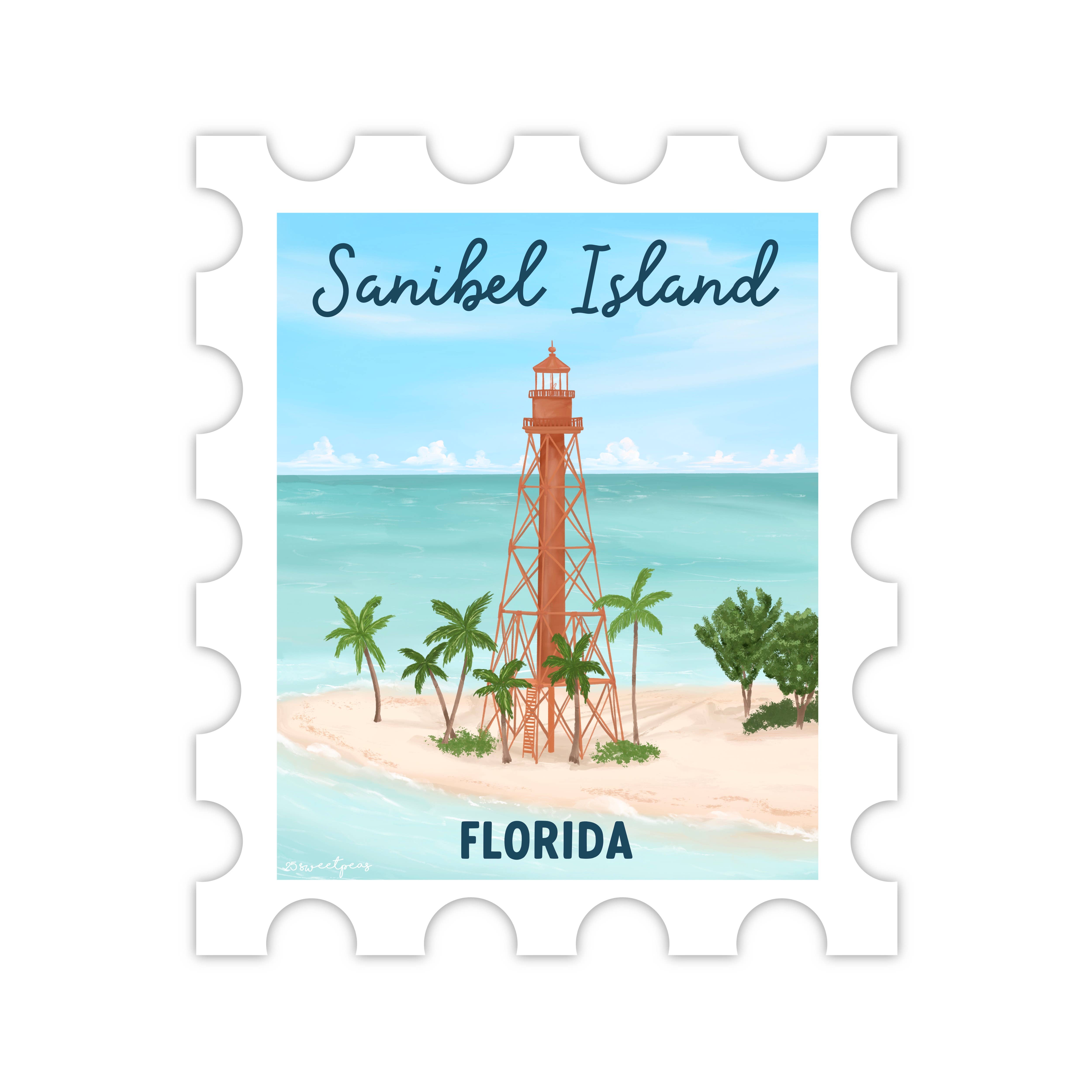 25 Sweetpeas - Wholesale Sticker - Sanibel Island Lighthouse Stamp Sticker, Florida Lighthouse