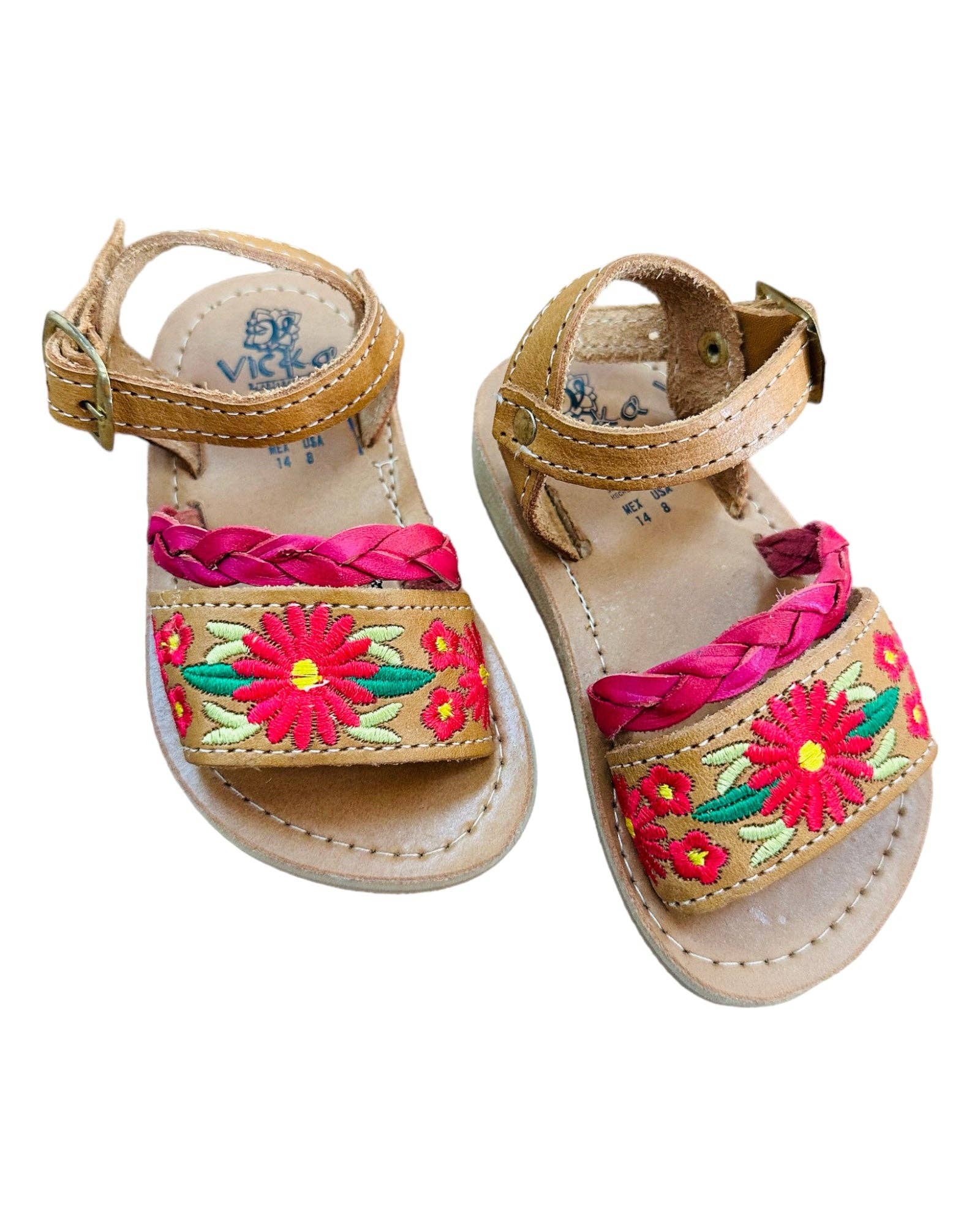 Cielito Lindo - Wholesale Sandals - Kids - Mexican Girl Pink Flower Leather Sandals