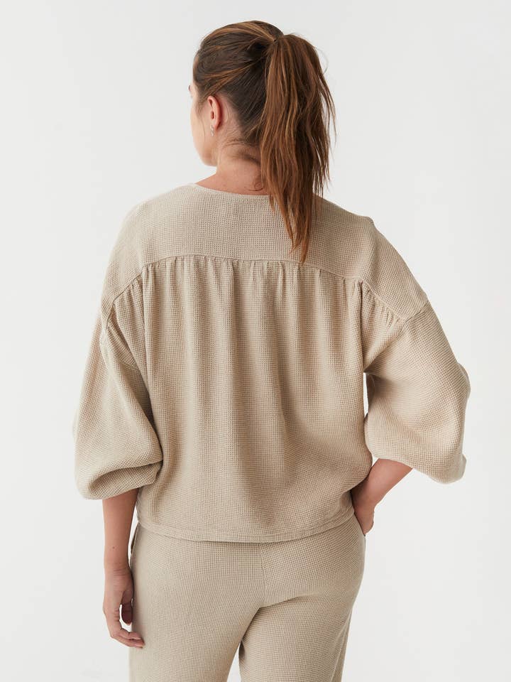 MagicLinen (We handle U.S. import procedures for you) - Wholesale Sweatshirt - Women's - Tie-Front waffle top ELORA in Natural2