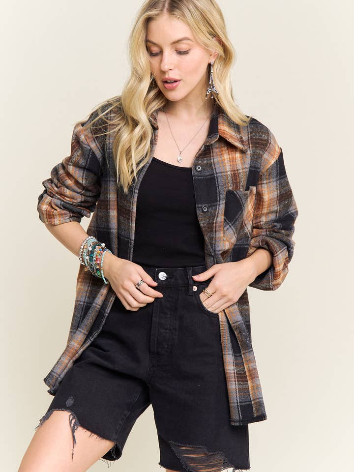 ADORA LA - Wholesale Jacket - Women's - CEJ2586G-PLAID ROLLED SLEEVES BUTTON DOWN SHACKET19