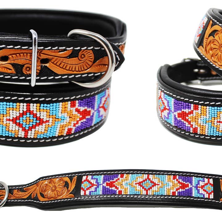 Collier pour chien en cuir rembourré à perles florales usiné à la main 60172 pour la vente par Challenger