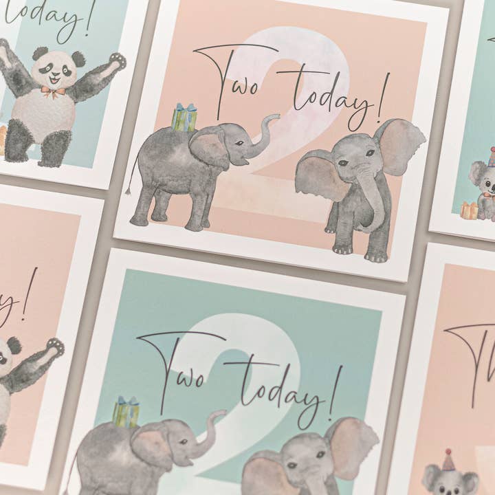 Heather Trefusis Art - Wholesale Birthday Card - 2 Elephants card (Teal)2