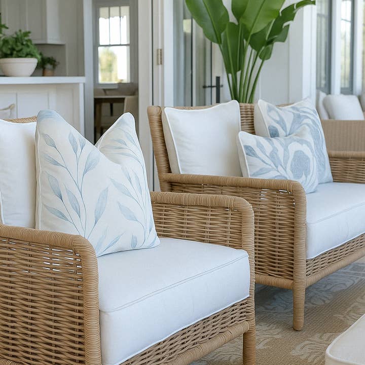 Mama and Tochter - Vente Coussins de chaise - Housse de Coussin d'Extérieur Imperméable - Feuilles Bleues0