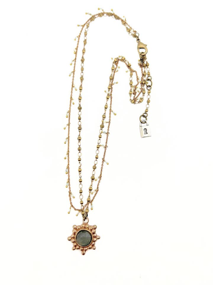 Sunburst Pendant with Round Gemstone Necklace, N564 for wholesale by Lock and Key