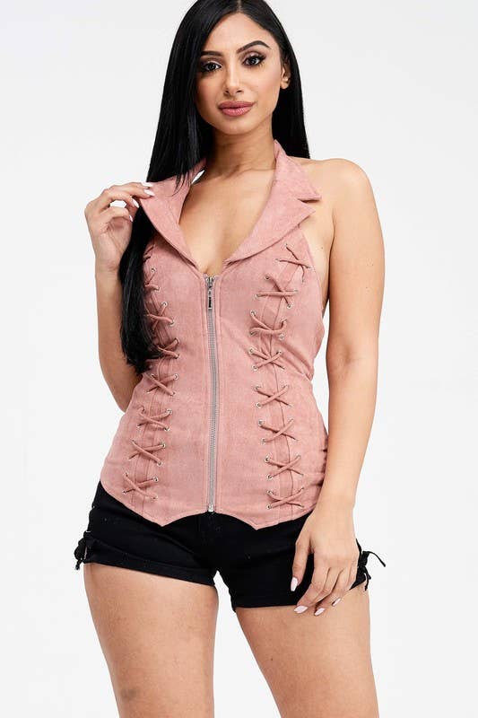 Lydia USA - Wholesale Blouse - Women's - Lace Up Collar Halter Suede Top9