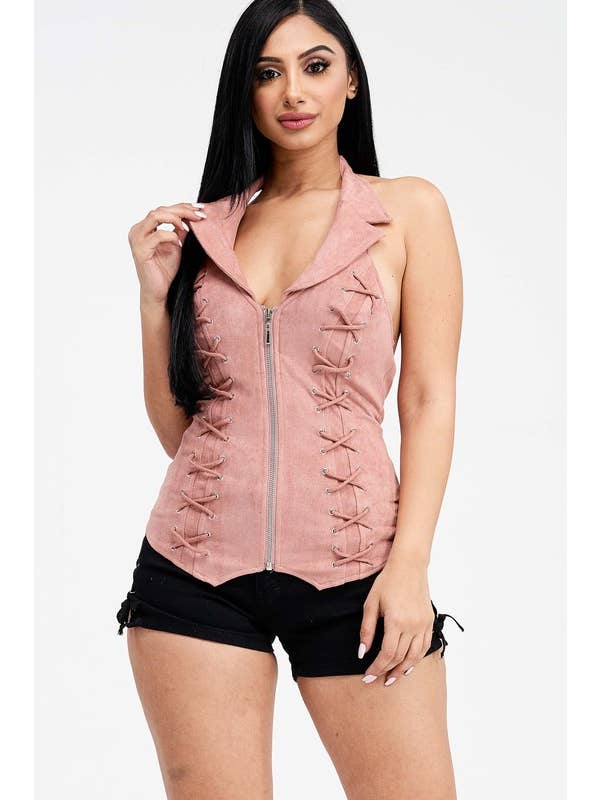 Lydia USA - Wholesale Blouse - Women's - Lace Up Collar Halter Suede Top9