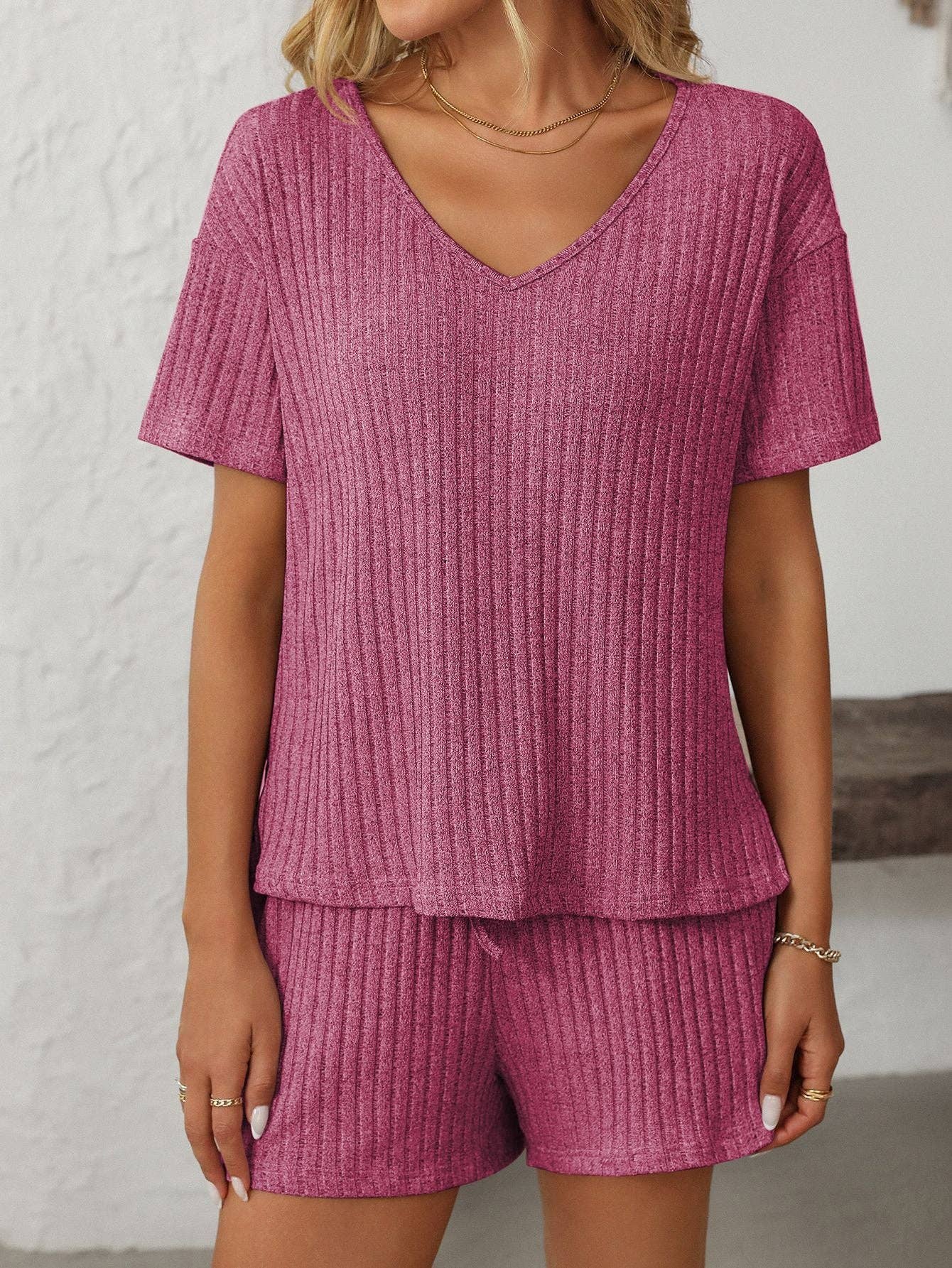 Lovesoft - Wholesale Lounge Set - Women's - Solid Color Ribbed Short-Sleeve Pajama Loungewear Set6