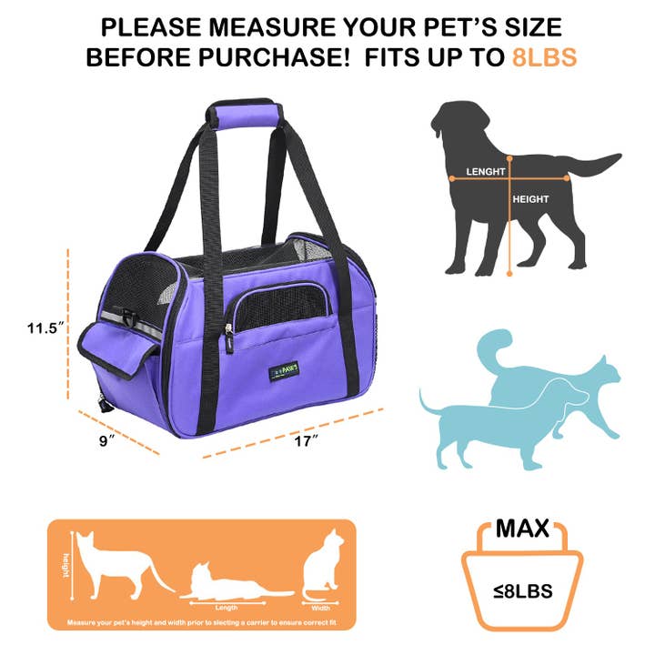 Jespet - Wholesale Pet Carrier - Cat/Dog - GOOPAWS Soft Sided Small Dog Carrier Comfort for Travel, Purple, 17"