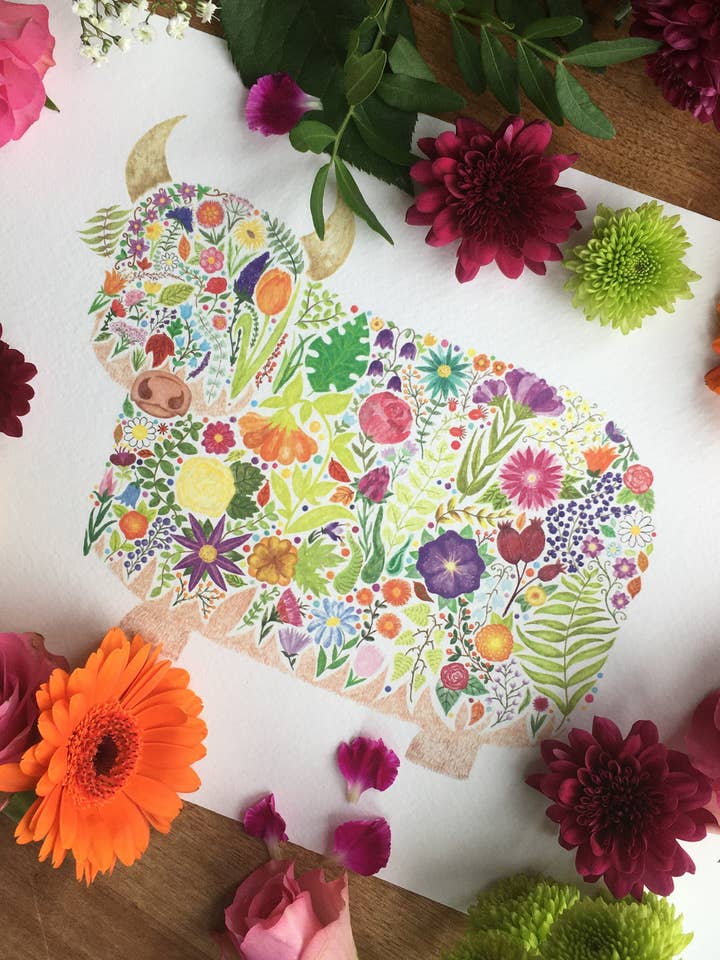 Skriv ut - Highland Coo blommig klotter konsttryck för wholesale av RatBeanKat