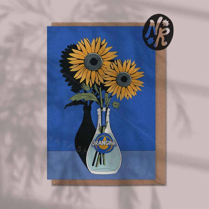 Orangina and Sunflower A6 Blank Blue French Greetings Card for wholesale by Natasha Robinson