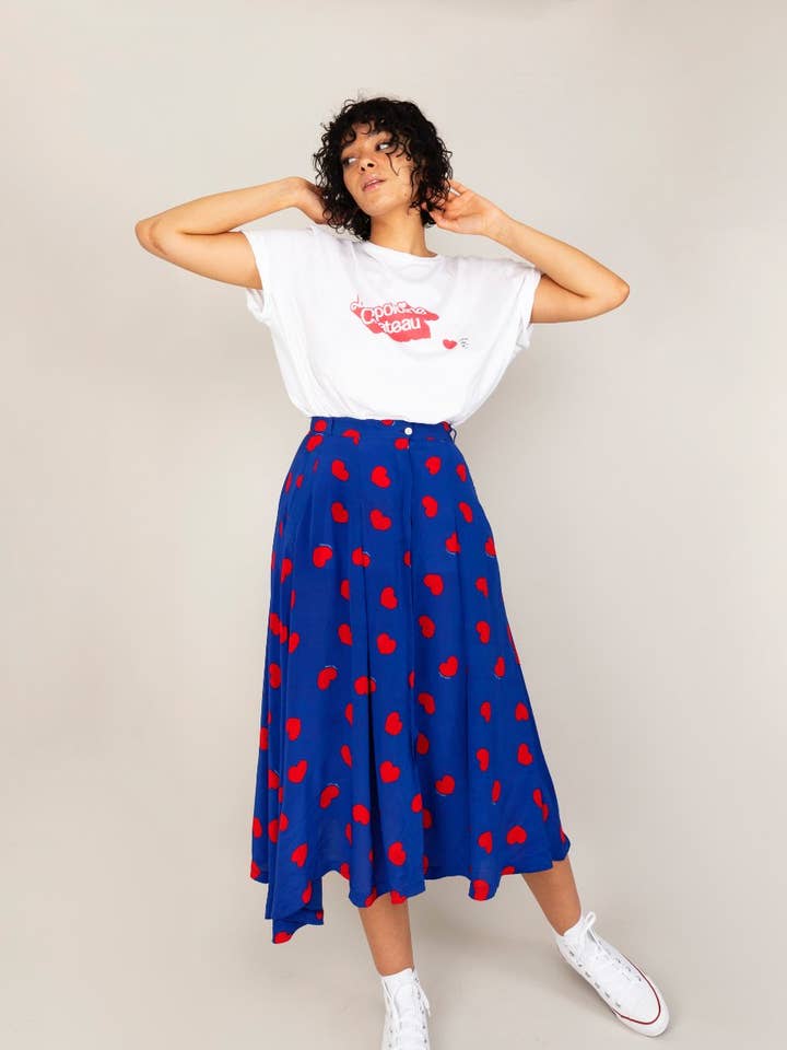 Jupe BRIGITTE Bleue Coeurs Rouges for wholesale by Léopoldine Chateau